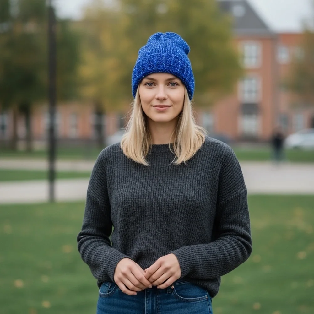 Blue Knit Beanie Hat